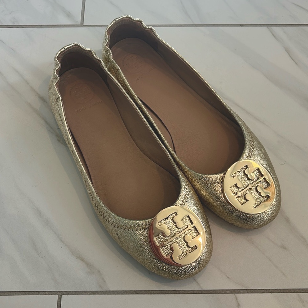 Tory Burch Gold Minnie Travel Ballet Flats